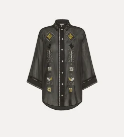Best forte_forte camicia mezze maniche in voile con ricamo “oniric blossom” nero