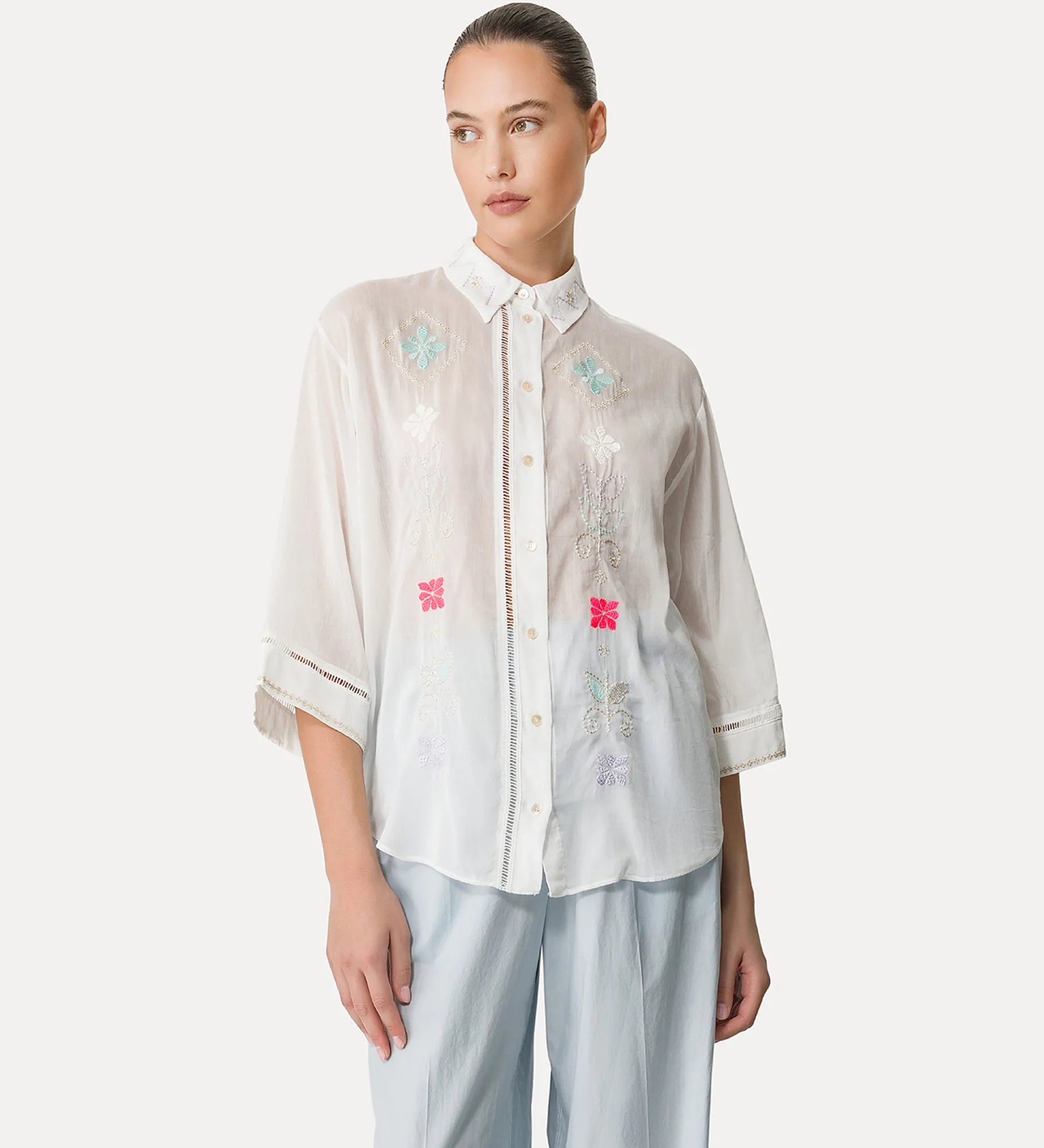 Outlet forte_forte camicia mezze maniche in voile con ricamo “oniric blossom” bianco
