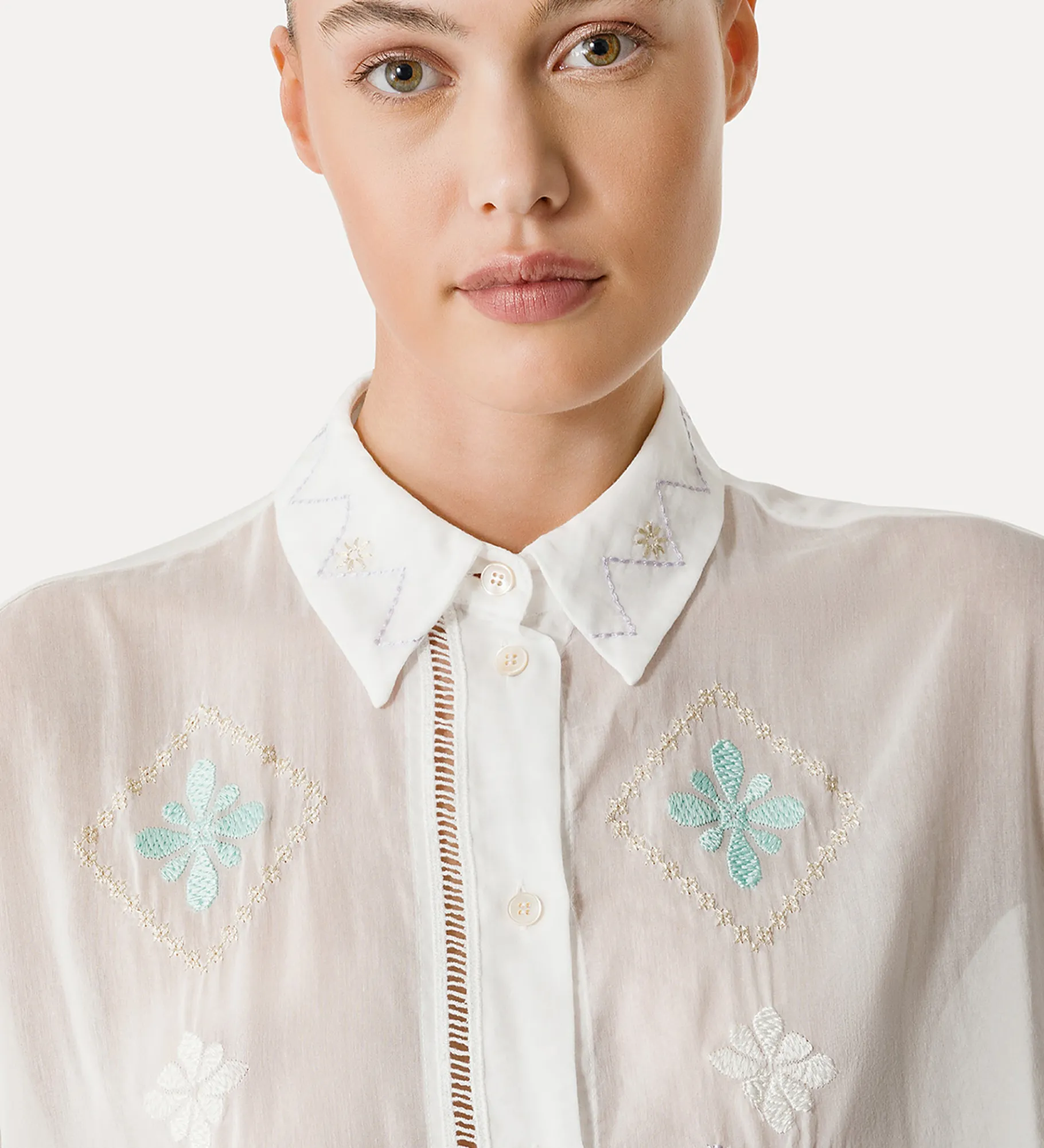 Outlet forte_forte camicia mezze maniche in voile con ricamo “oniric blossom” bianco
