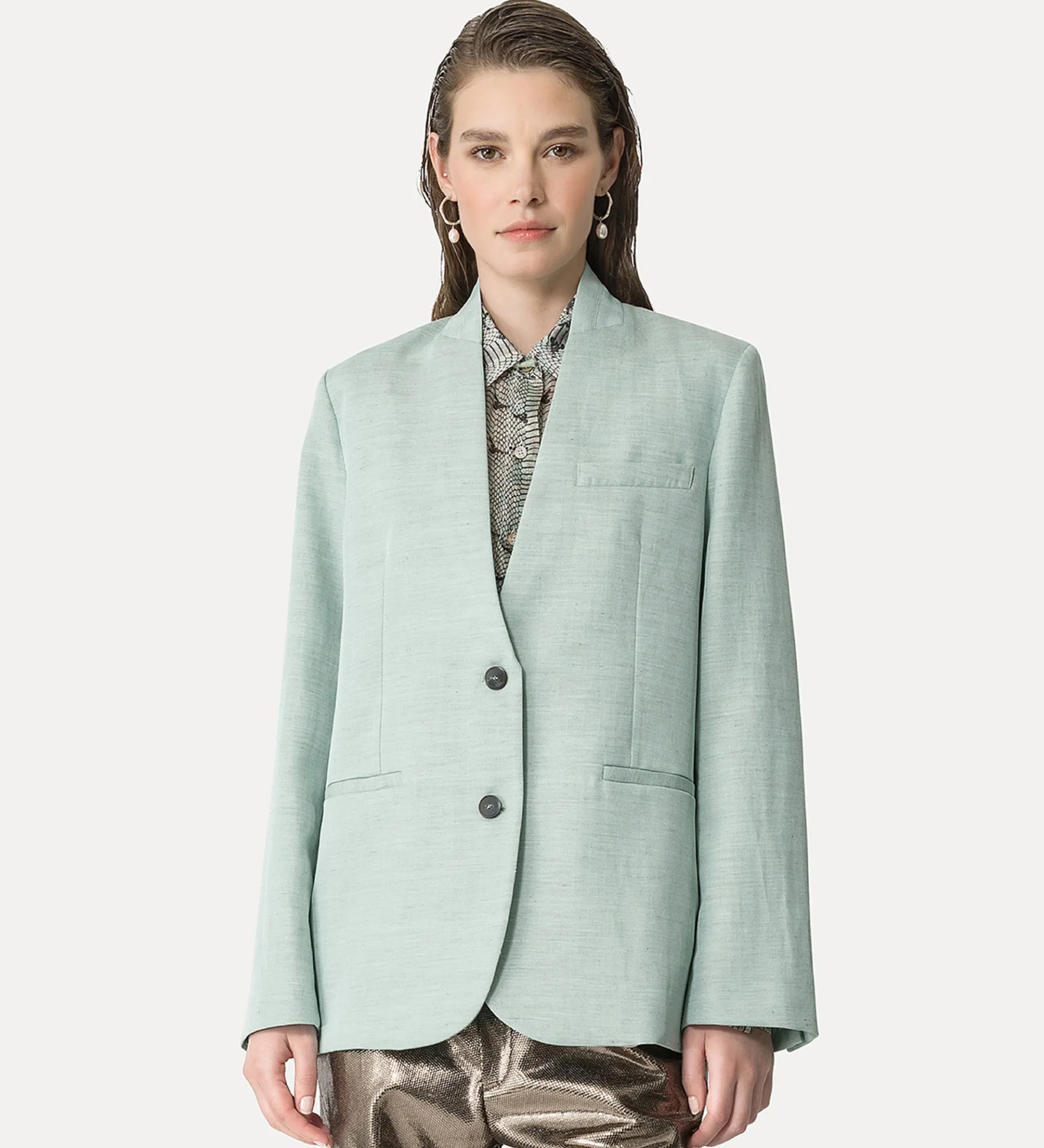 Online forte_forte giacca senza collo in misto lino azzurro breeze