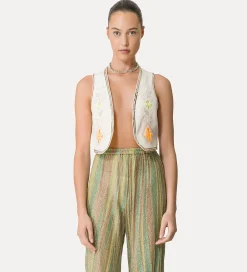 Outlet forte_forte gilet in lino donna con ricamo “oniric blossom” orchidea