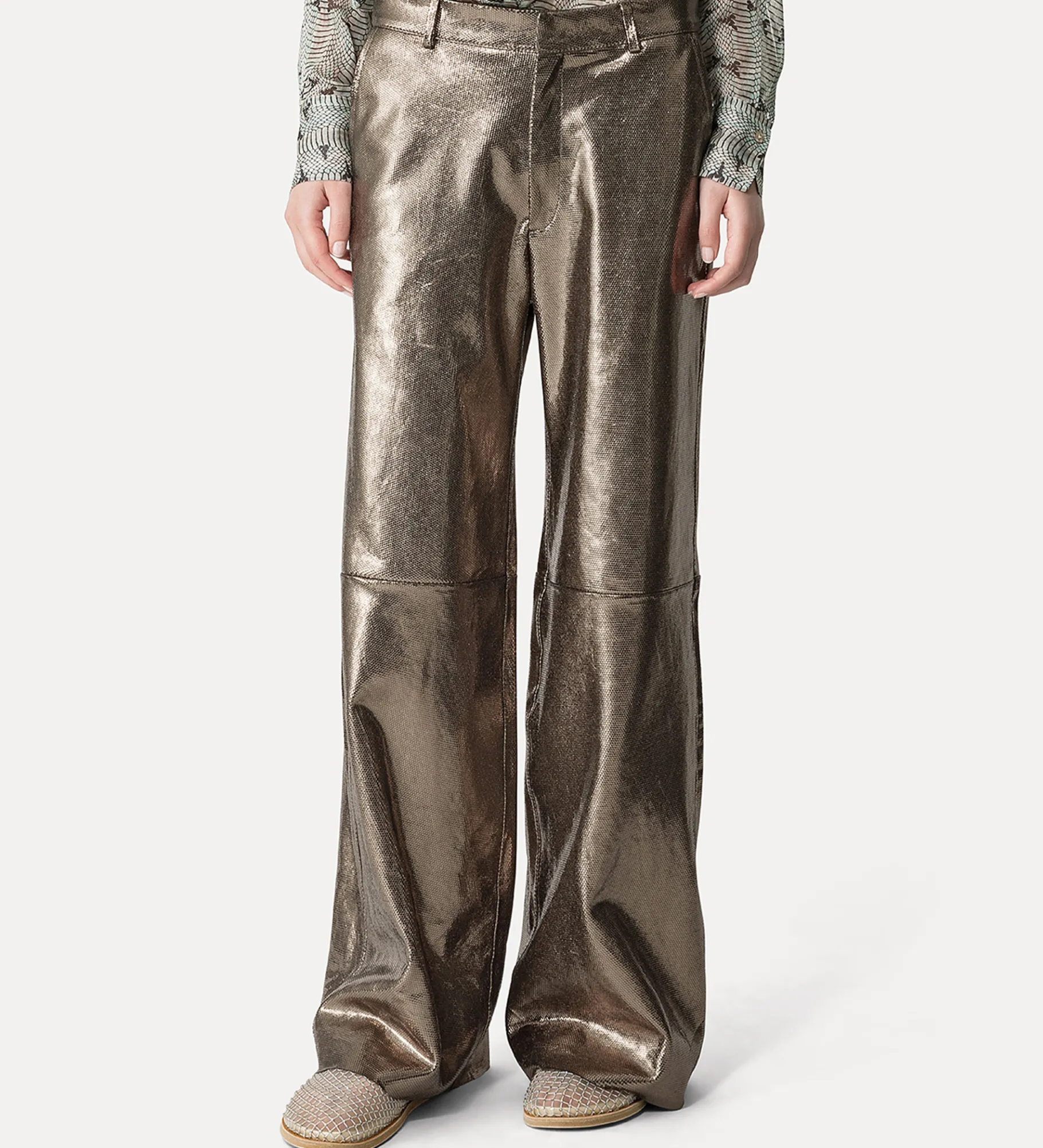 Fashion forte_forte pantalone a gamba larga in suede nido d'ape gun metal