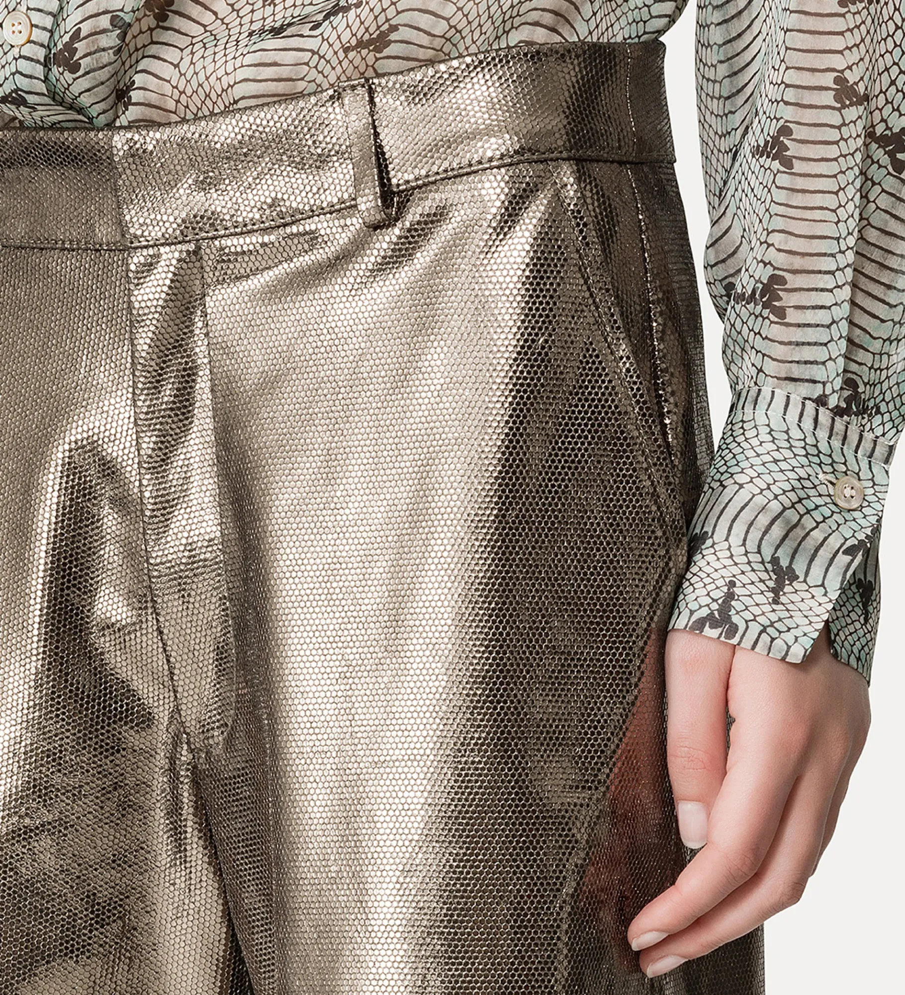 Fashion forte_forte pantalone a gamba larga in suede nido d'ape gun metal