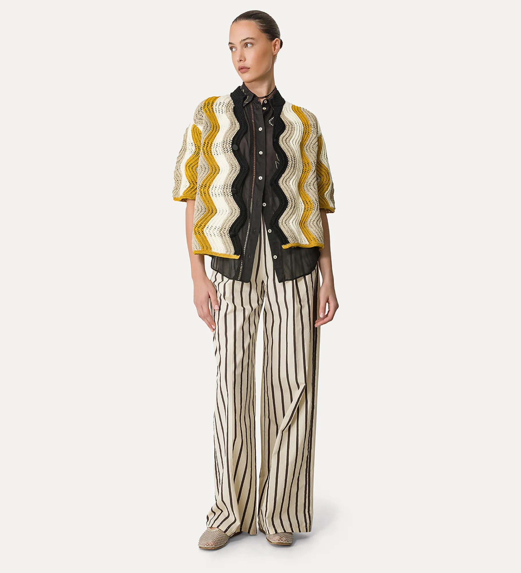 Outlet forte_forte pantalone wide leg con riga gessata orchidea